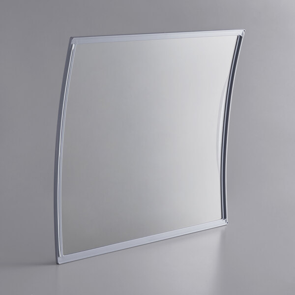 A white curved glass lid with a silver handle.