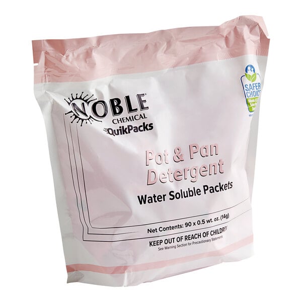 A white and pink Noble Chemical QuikPacks detergent packet.