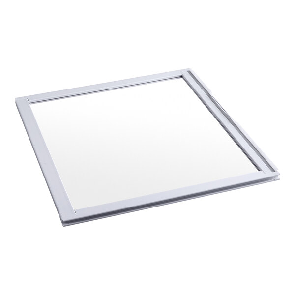 A square glass panel with a white frame, viewed at an angle against a white background.