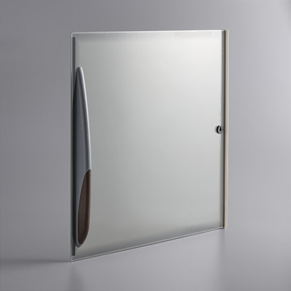 A white rectangular glass door with a brown handle.