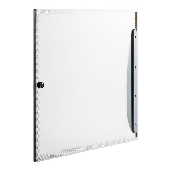 A square, clear glass panel with a metal handle and a small round lock on one side.