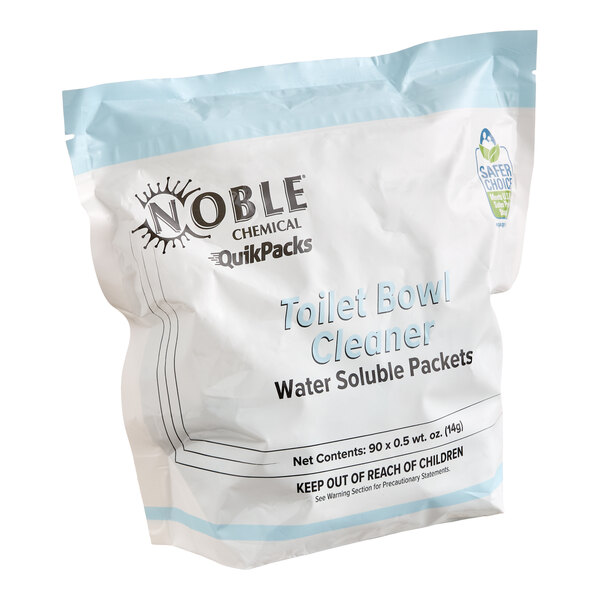 A bag of Noble QuikPacks concentrated toilet bowl cleaner water soluble packets, 90 count.