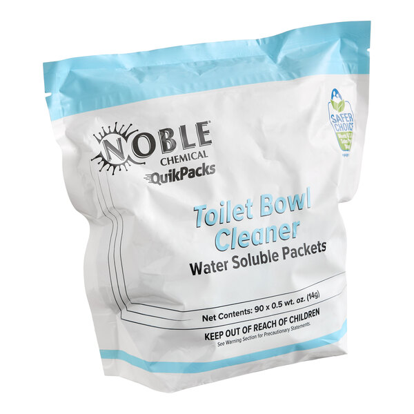 A bag of Noble QuikPacks concentrated toilet bowl cleaner water soluble packets, 90 count.