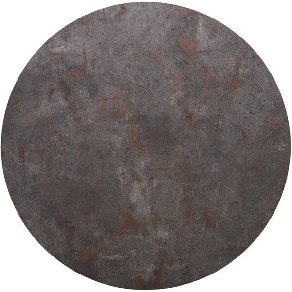 A BFM Seating round melamine table top in grey with a copper finish and matching edge.