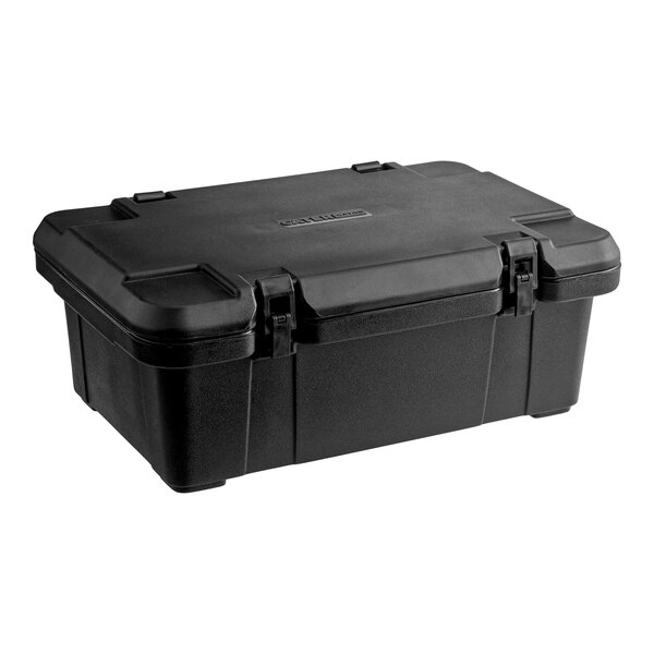 A black top-loading insulated food pan carrier designed to hold a 6-inch deep full-size pan.