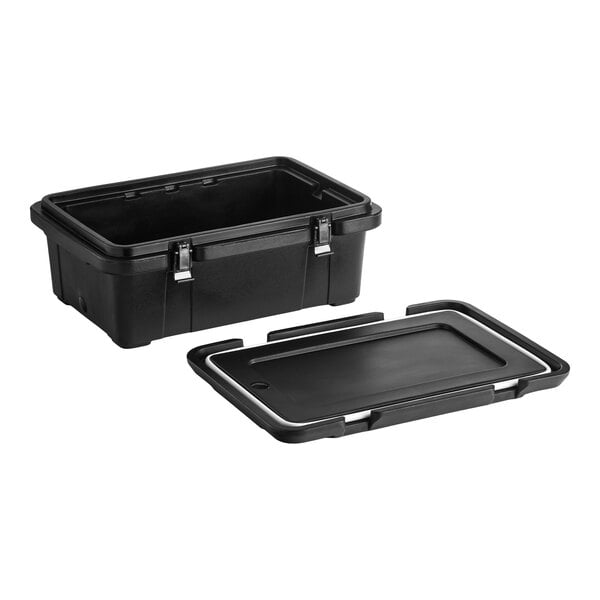 A black top-loading insulated food pan carrier with a removable lid and metal latches.