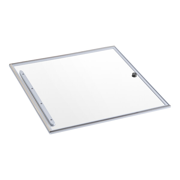 A square sliding glass bottom lid with a metal frame designed for Avantco DFF13 freezers.