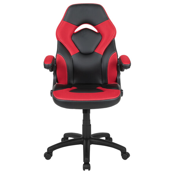 A Flash Furniture red and black leather swivel office chair with flip-up arms.
