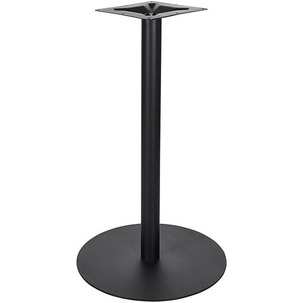 A black metal BFM Seating bar height round table base on a black pole.