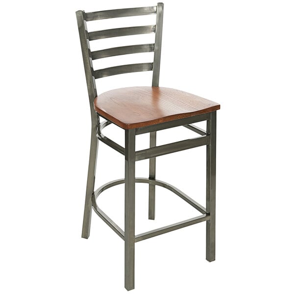 A BFM Seating metal bar stool with a wooden seat.