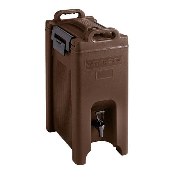 A brown plastic CaterGator insulated beverage dispenser with a lid.