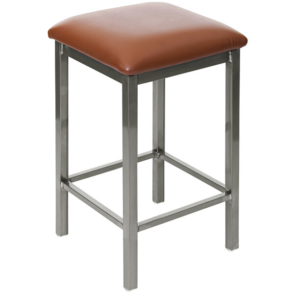 A BFM Seating clear coated steel restaurant bar stool with a light brown vinyl seat.