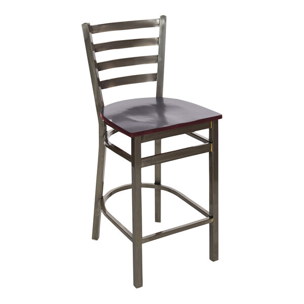 A BFM Seating metal bar stool with a mahogany wooden seat.