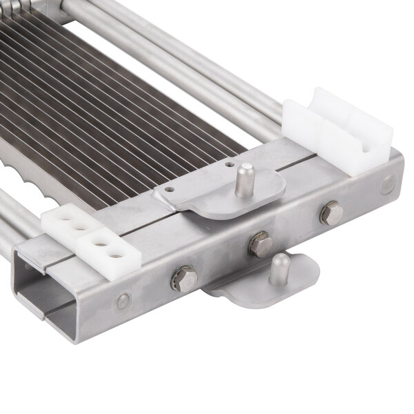 A metal plate with metal rods and a rectangular white wash guard for an Edlund 350XL series slicer.