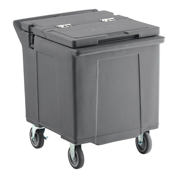 A gray mobile ice bin with a flip lid and caster wheels.