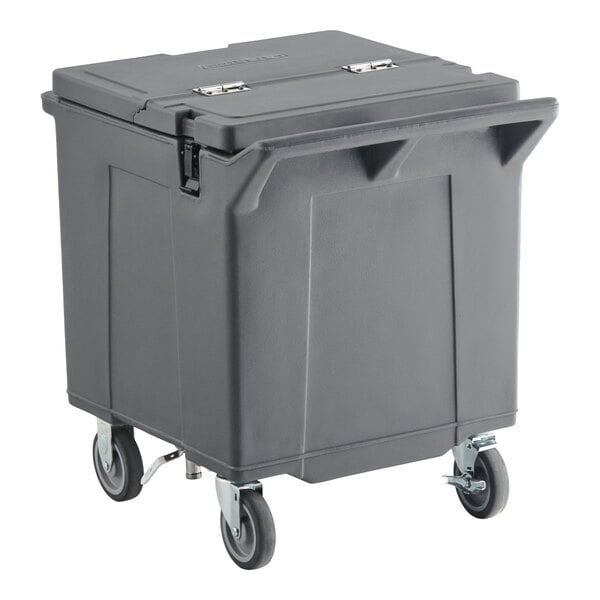 A gray mobile ice bin with a flip lid and caster wheels.