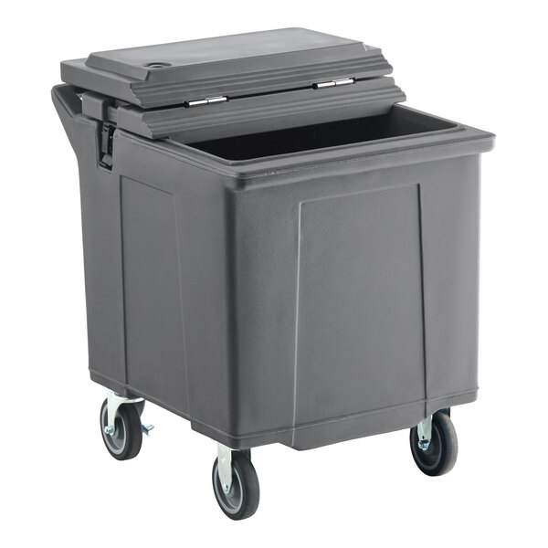 A gray mobile ice bin with a flip lid and four caster wheels.