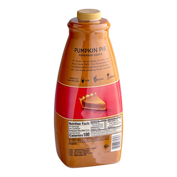 A Torani 64 fl. oz. bottle of Puremade Pumpkin Pie Flavoring Sauce.