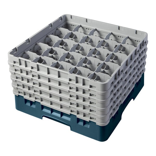A teal plastic Cambro glass rack with extenders.