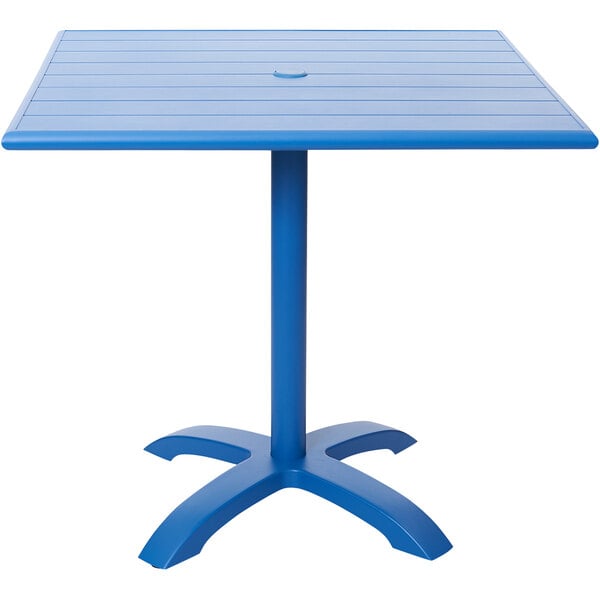 A blue square BFM Seating Beachcomber-Bali table with a metal base.