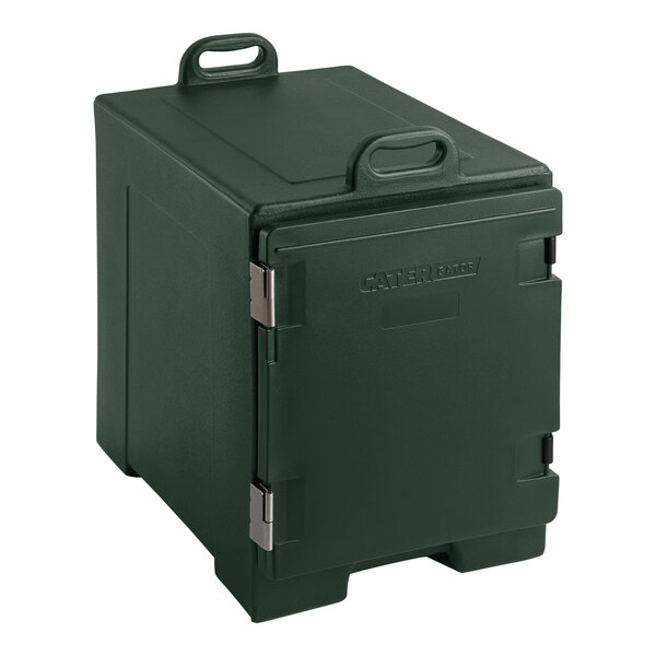 A green CaterGator front loading food pan carrier with a handle.