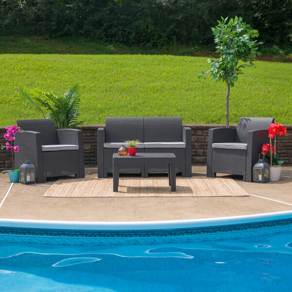 Flash Furniture Dad Sf 112t Dkgy Gg 4 Piece Dark Gray Faux Rattan Patio Set With 2 Chairs Loveseat And Table