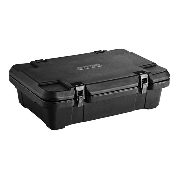 A black top-loading insulated food pan carrier with secure latches.