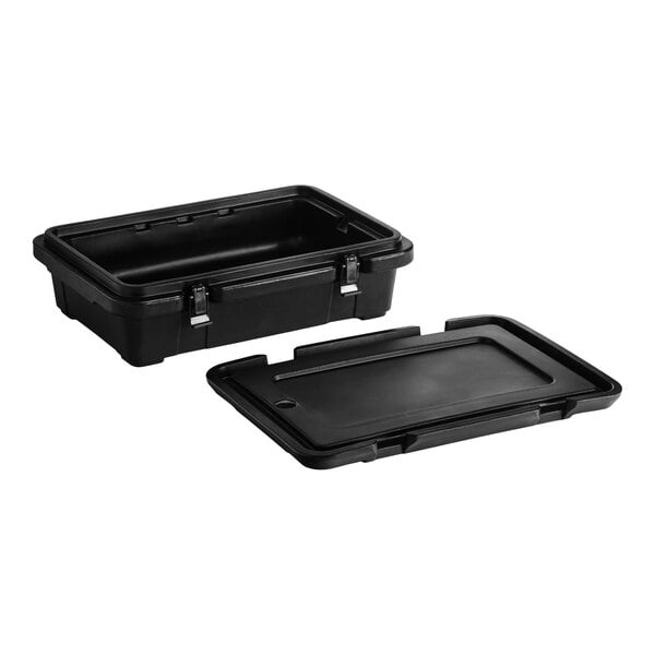 A black top-loading insulated food pan carrier with a removable lid, designed to hold a 4-inch deep full-size pan.
