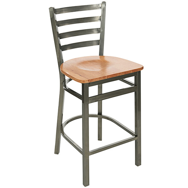 A BFM Seating metal bar stool with a natural wooden seat.