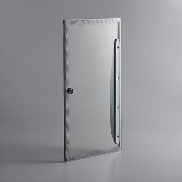 An Avantco glass door with a handle for an ice cream dipping cabinet.