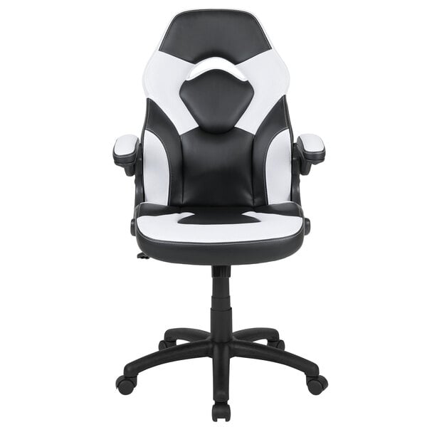 A white office chair with black accents and a black base.