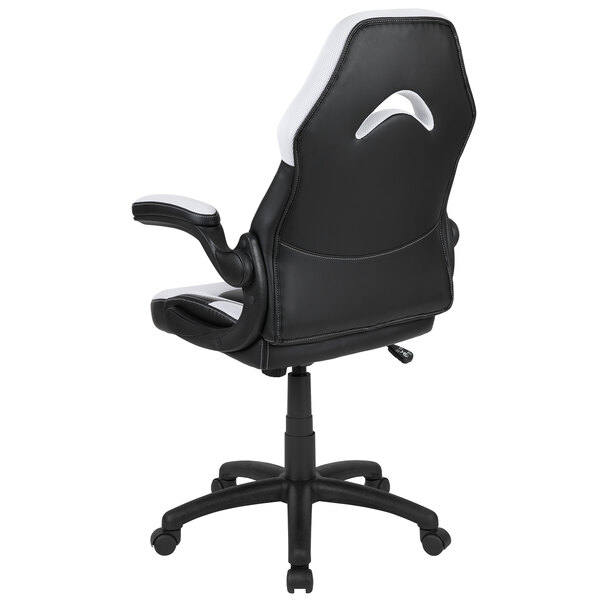 A white office chair with a black and white seat and backrest.