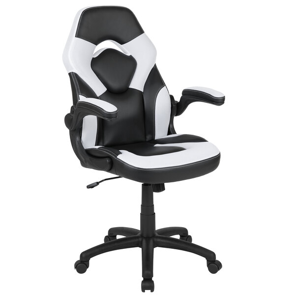 A white leather office chair with a black base.