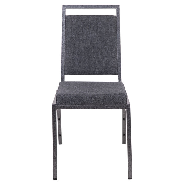 A dark grey Flash Furniture banquet chair with a metal frame and cushioned square back.
