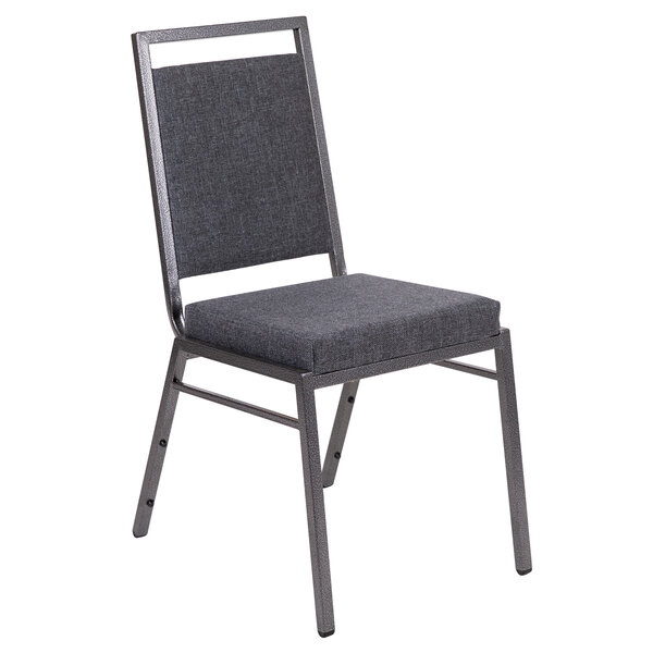 A Flash Furniture dark grey fabric banquet chair with a silver metal frame.