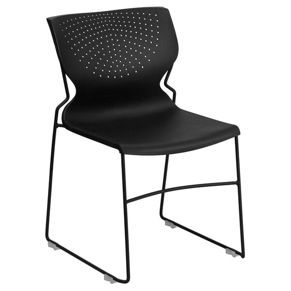 A Flash Furniture black plastic stack chair with metal legs.