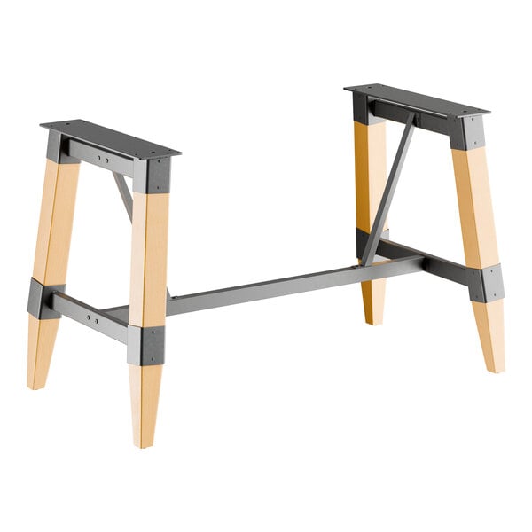 A standard height trestle table base with a bleached oak finish and metal supports, designed for 30" x 60" table tops.