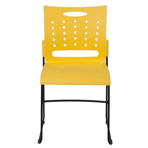 A yellow Flash Furniture stack chair with black legs.