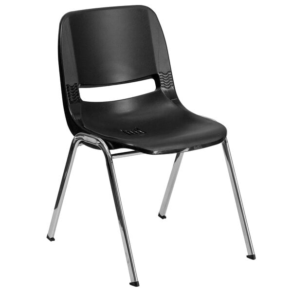 A Flash Furniture black plastic chair with chrome legs.