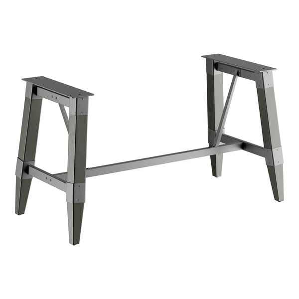 A standard height industrial slate gray trestle table base designed for 30" x 72" table tops.