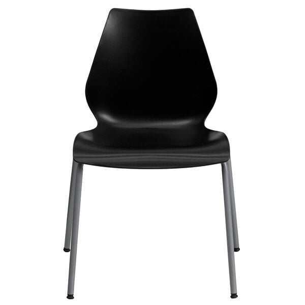 A black plastic Flash Furniture stack chair with silver metal legs.