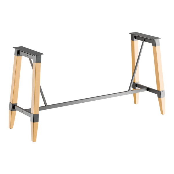 A bar height trestle table base with a bleached oak finish and metal supports, designed for 30" x 96" table tops.