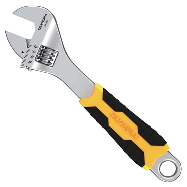 An Olympia Tools adjustable wrench with a black and yellow handle.