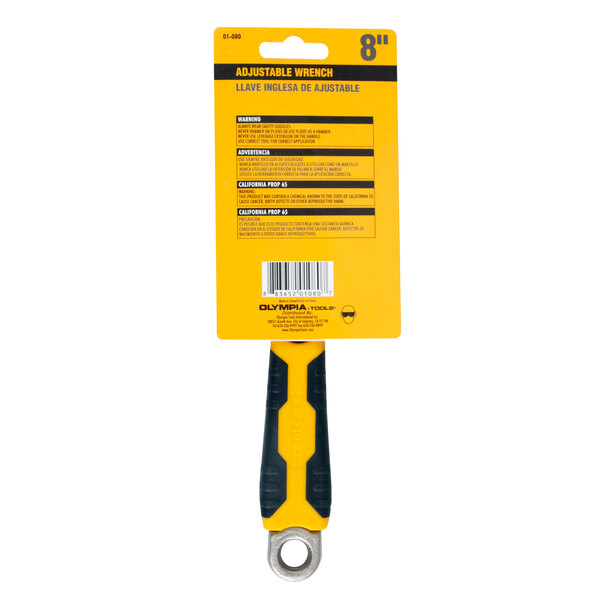 An Olympia Tools adjustable wrench with a yellow and black molded handle.