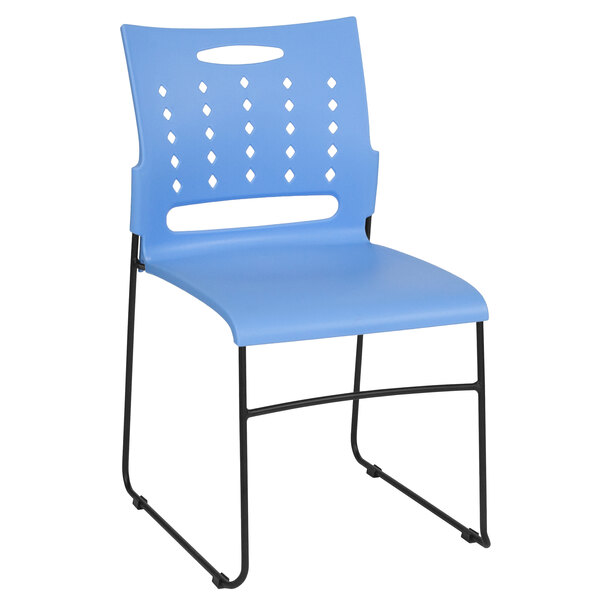 a blue plastic chair with black legs