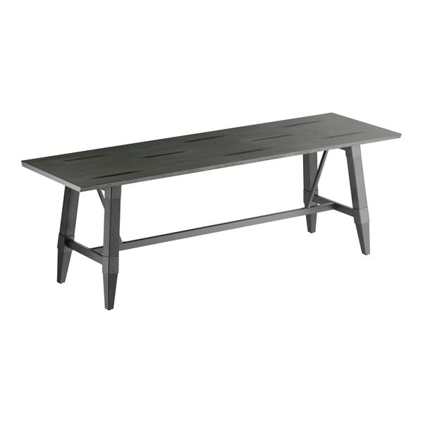 A rectangular table with a solid wood top and trestle base, finished in slate gray.