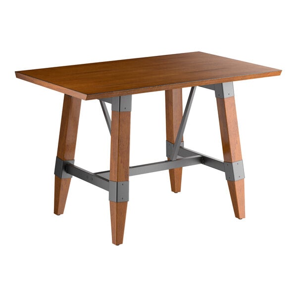 Lancaster Table & Seating Industrial 30" x 48" Rectangular Solid Wood Live Edge Standard Height Trestle Base Table with Rustic Walnut Finish