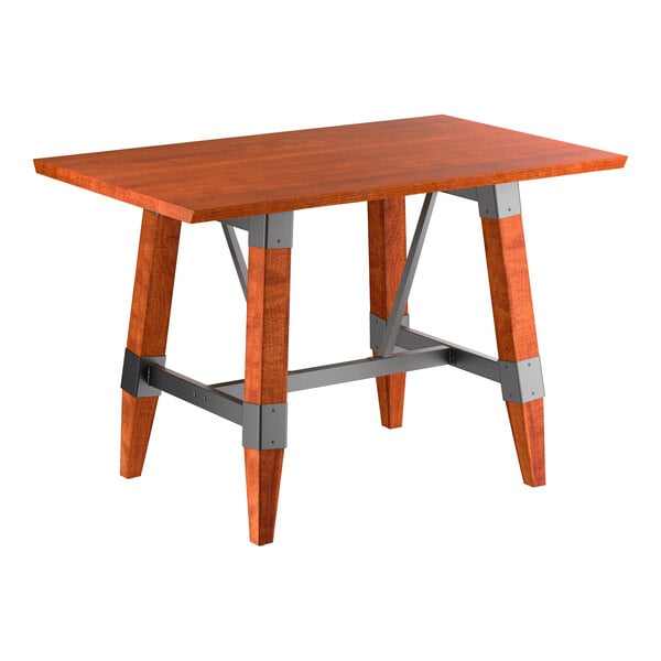 Lancaster Table & Seating Industrial 30" x 48" Rectangular Solid Wood Live Edge Standard Height Trestle Base Table with Rustic Mahogany Finish