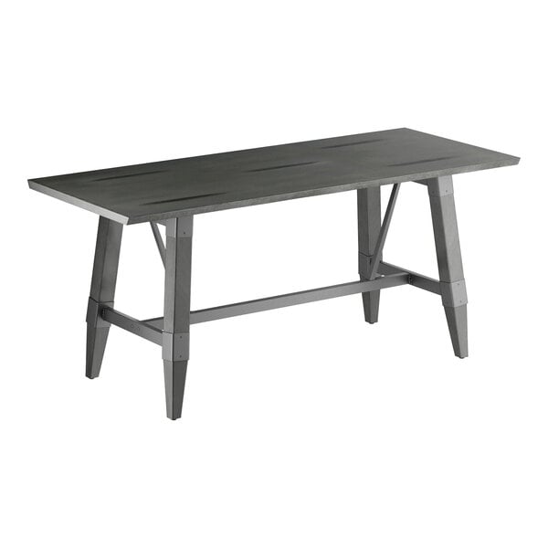 A rectangular table with a solid wood top and trestle base, finished in slate gray.