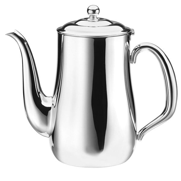 A Walco stainless steel coffee pot with a gooseneck and lid.
